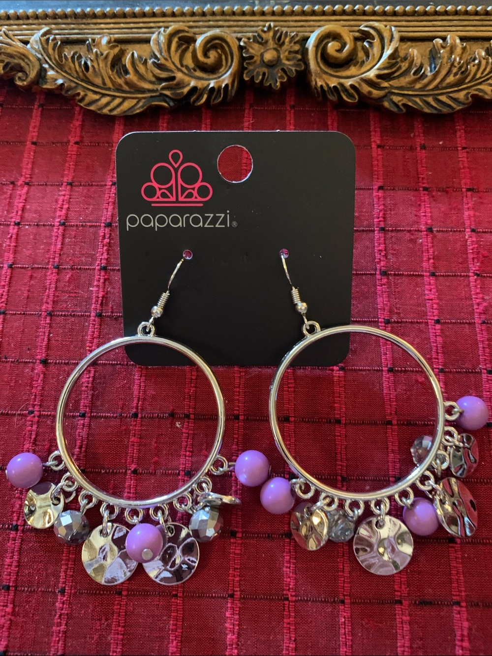 paparazzi Silver Hoop Earrings with Lavender Beads and Charms